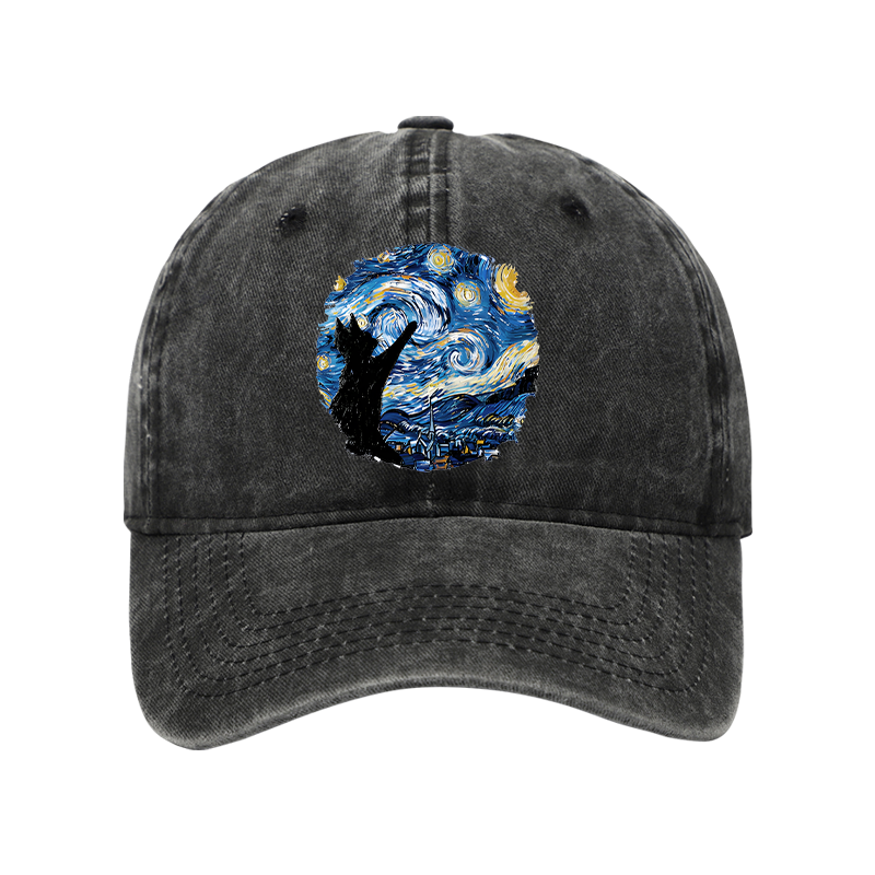 Tokyo-Tiger Starry Night Black Cat Washed Cap