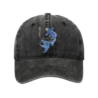 Tokyo-Tiger Lucky Blue Koi Fish Art Washed Cap