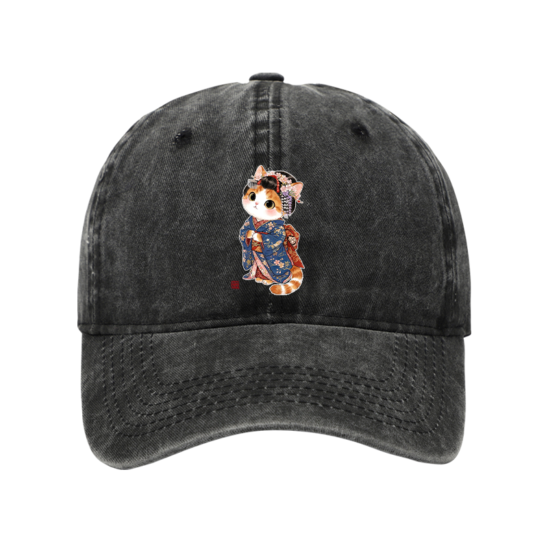 Tokyo-Tiger Cat Dressed As A Geisha Funny Washed Cap