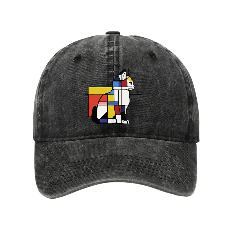 Tokyo-Tiger Geometric Cat Art In Primary Colors Washed Cap