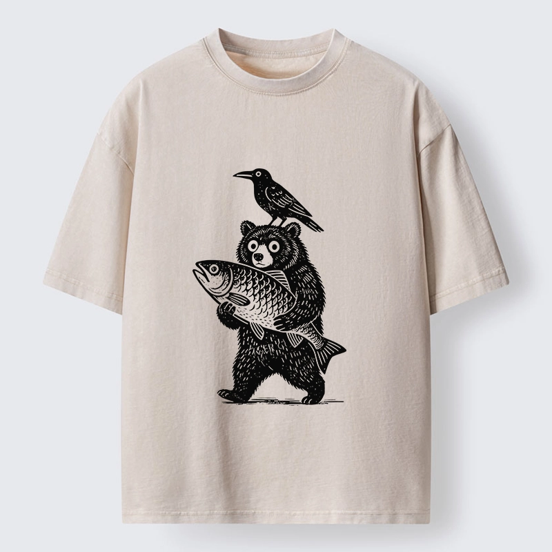 Tokyo-Tiger Bear Fish Crow Print Washed T-Shirt
