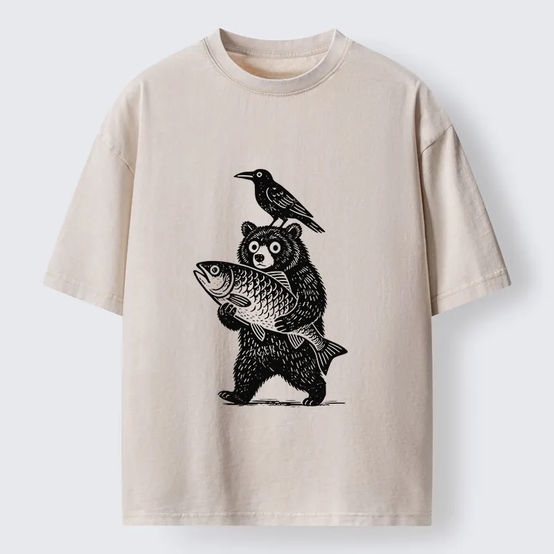 Tokyo-Tiger Bear Fish Crow Print Washed T-Shirt