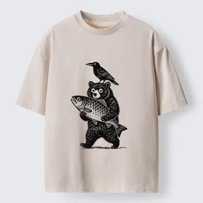 Tokyo-Tiger Bear Fish Crow Print Washed T-Shirt