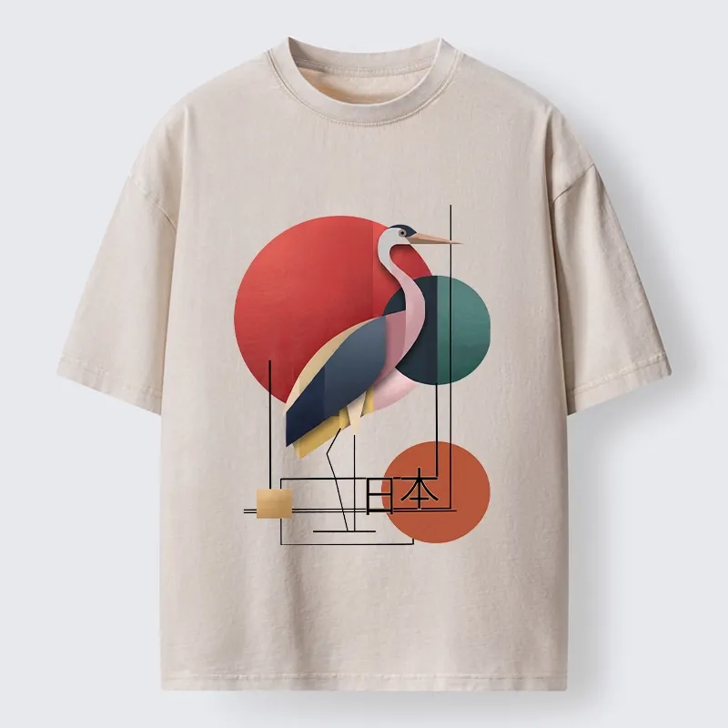 Tokyo-Tiger Geometric Crane Art Washed T-Shirt Sale