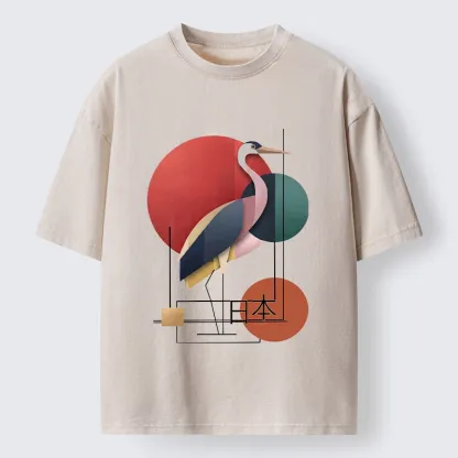 Tokyo-Tiger Geometric Crane Art Washed T-Shirt