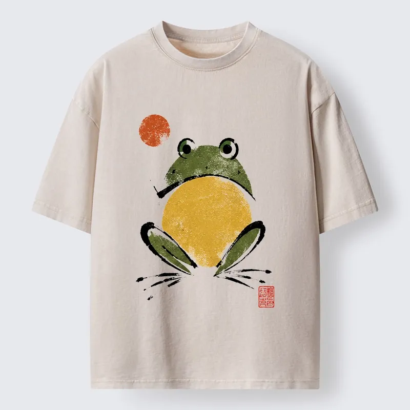Tokyo-Tiger Ink Style Frog Art Washed T-Shirt
