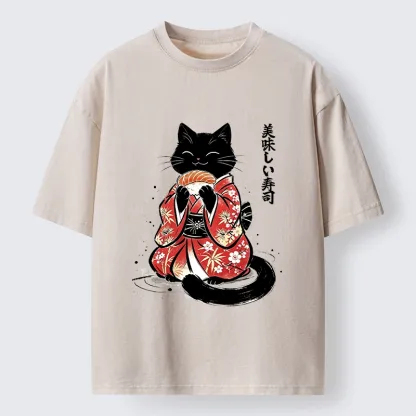 Tokyo-Tiger Sushi Loving Black Cat Washed T-Shirt