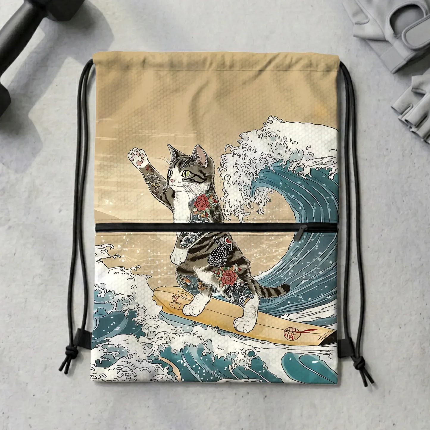 Tokyo-Tiger Cat Surfing Drawstring Backpack Sale
