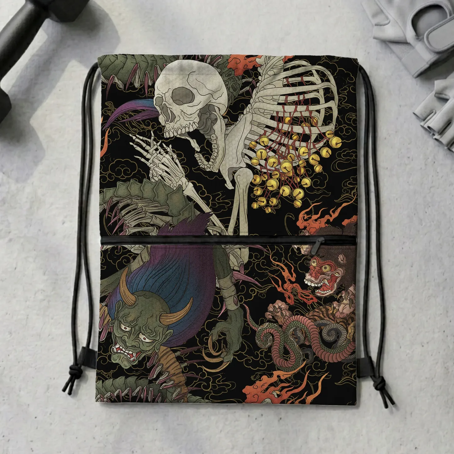 Tokyo-Tiger Japanese Yokai And Skeletons Drawstring Backpack Sale