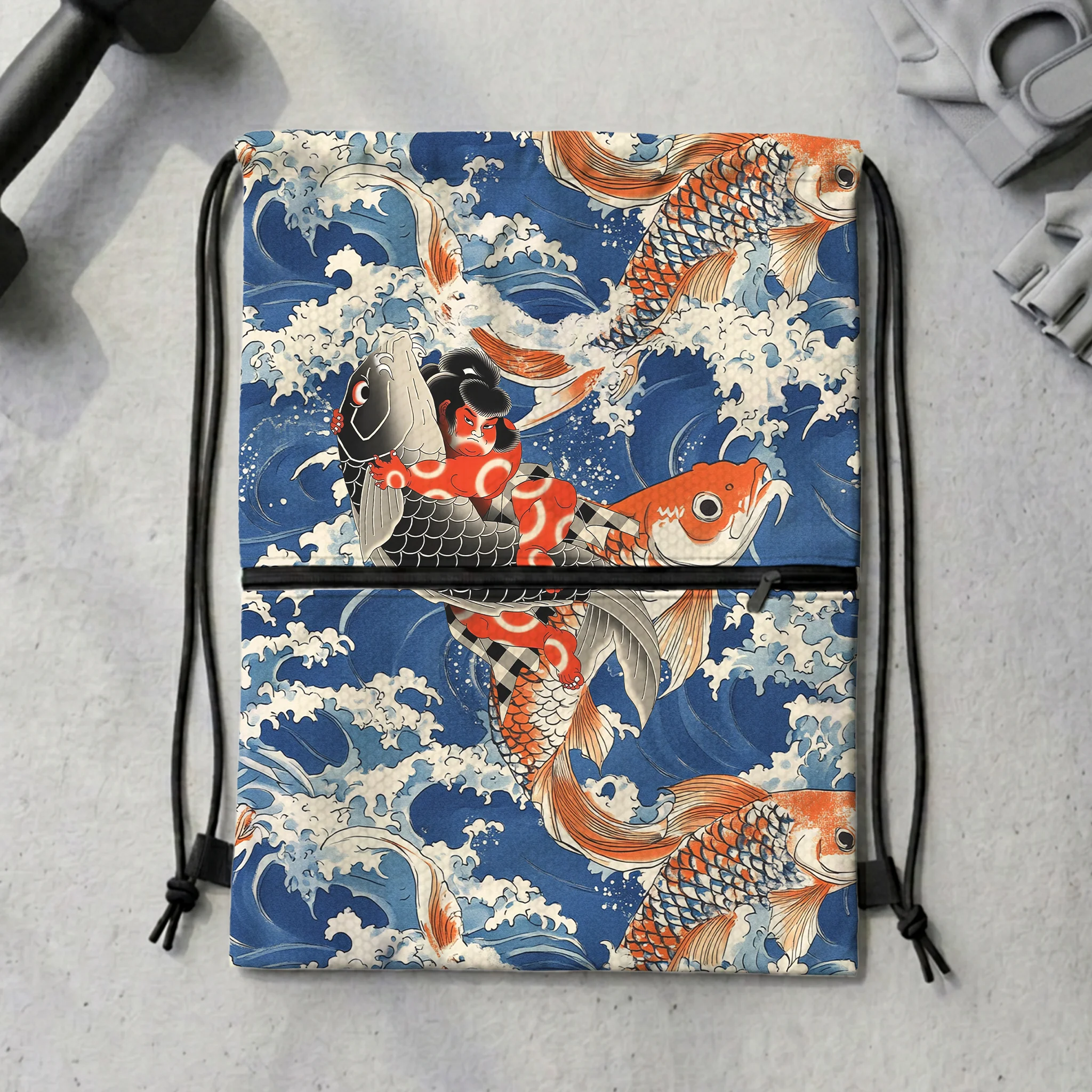 Tokyo-Tiger Sumo Wrestler Holding A Koi Drawstring Backpack