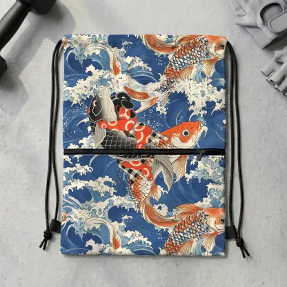 Tokyo-Tiger Sumo Wrestler Holding A Koi Drawstring Backpack