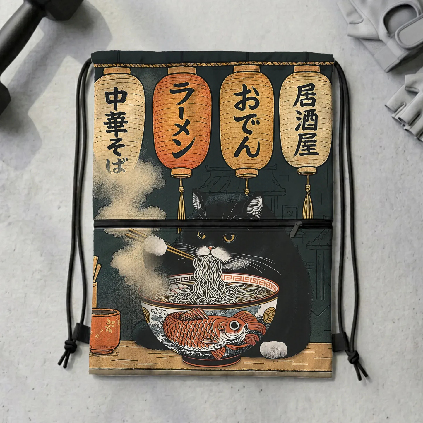 Tokyo-Tiger Fat Cat Eating Ramen Drawstring Backpack Sale