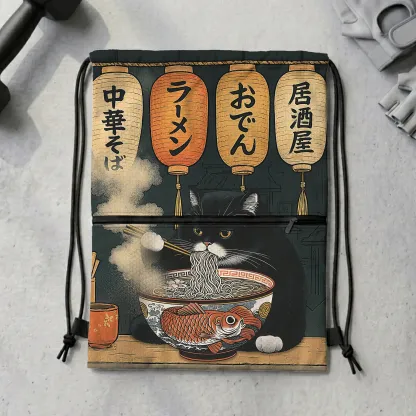 Tokyo-Tiger Fat Cat Eating Ramen Drawstring Backpack