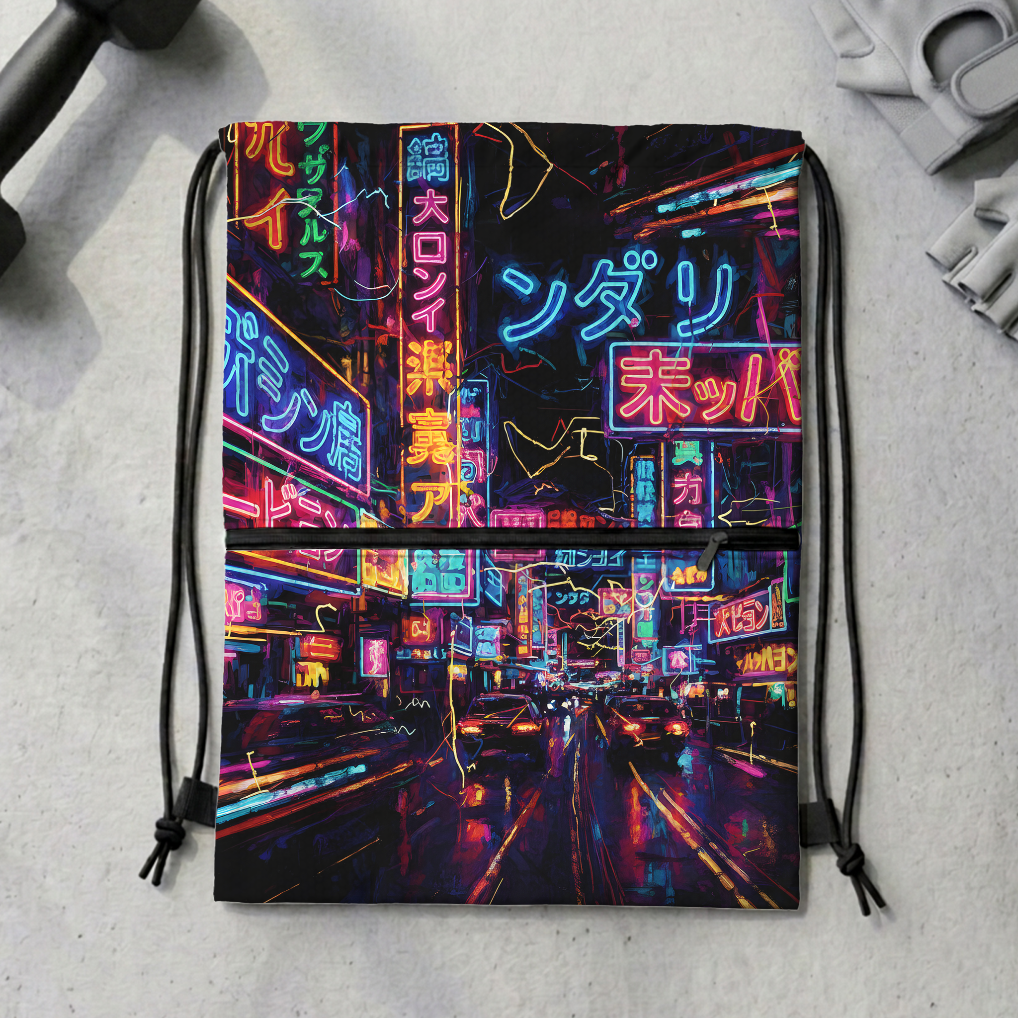 Tokyo-Tiger Tokyo Street Scene Drawstring Backpack