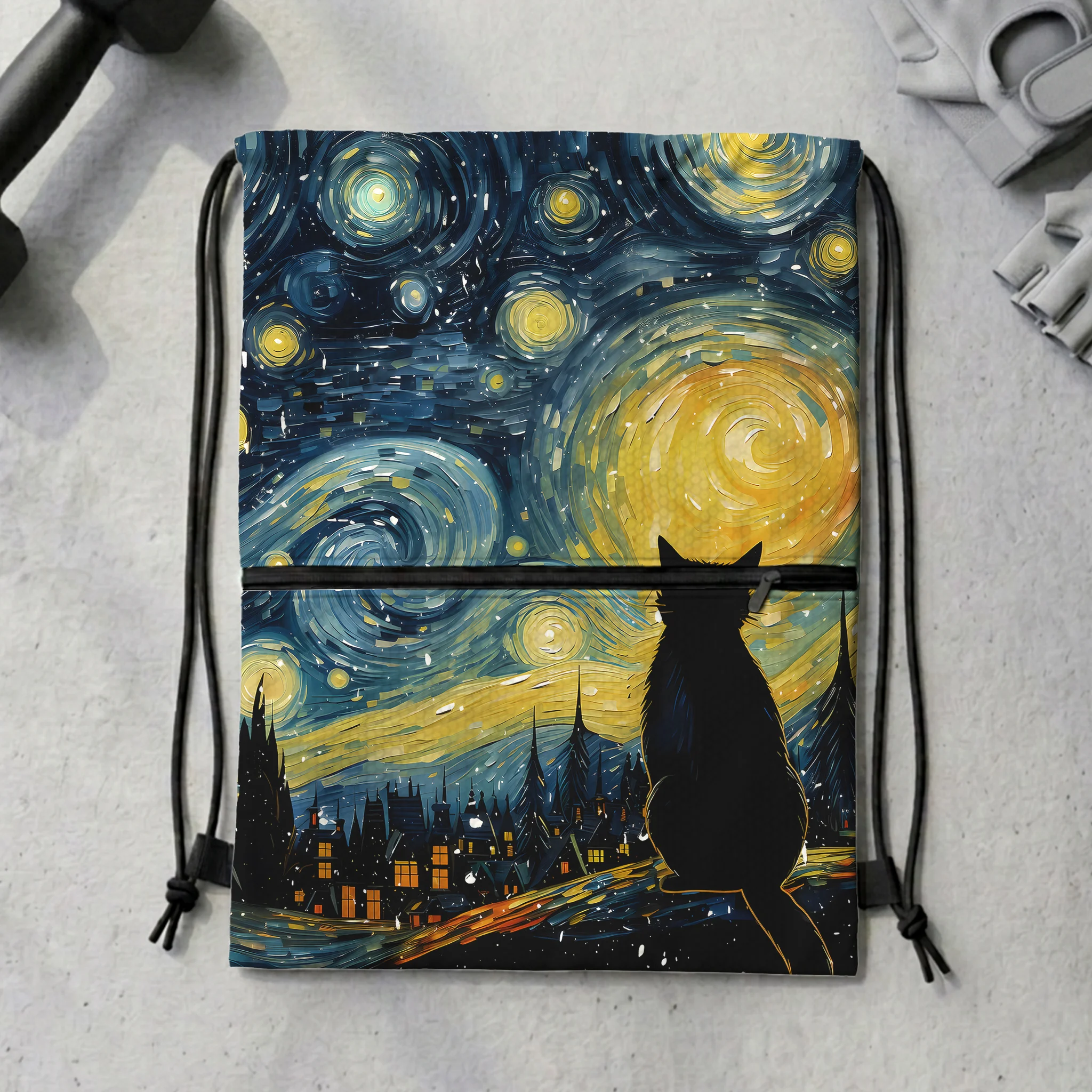 Tokyo-Tiger Black Cat Under The Stars Drawstring Backpack