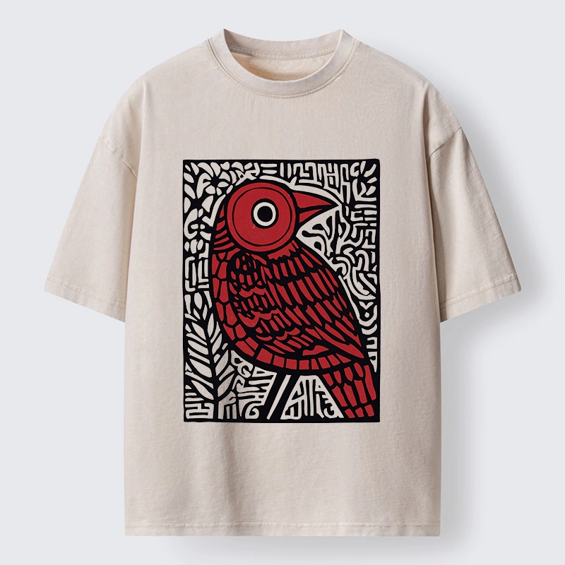 Tokyo-Tiger Retro Woodblock Bird Washed T-Shirt
