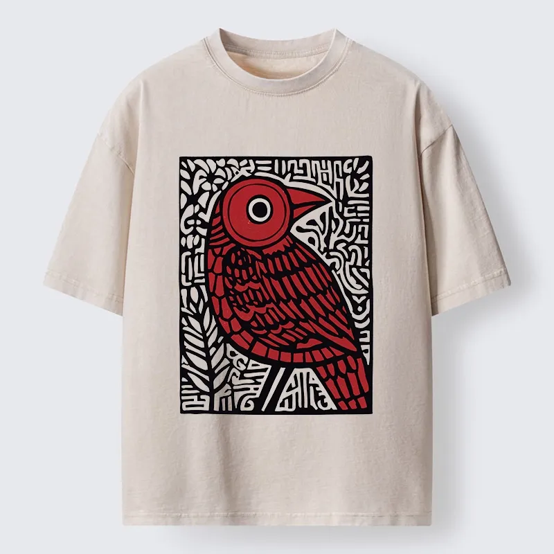 Tokyo-Tiger Retro Woodblock Bird Washed T-Shirt