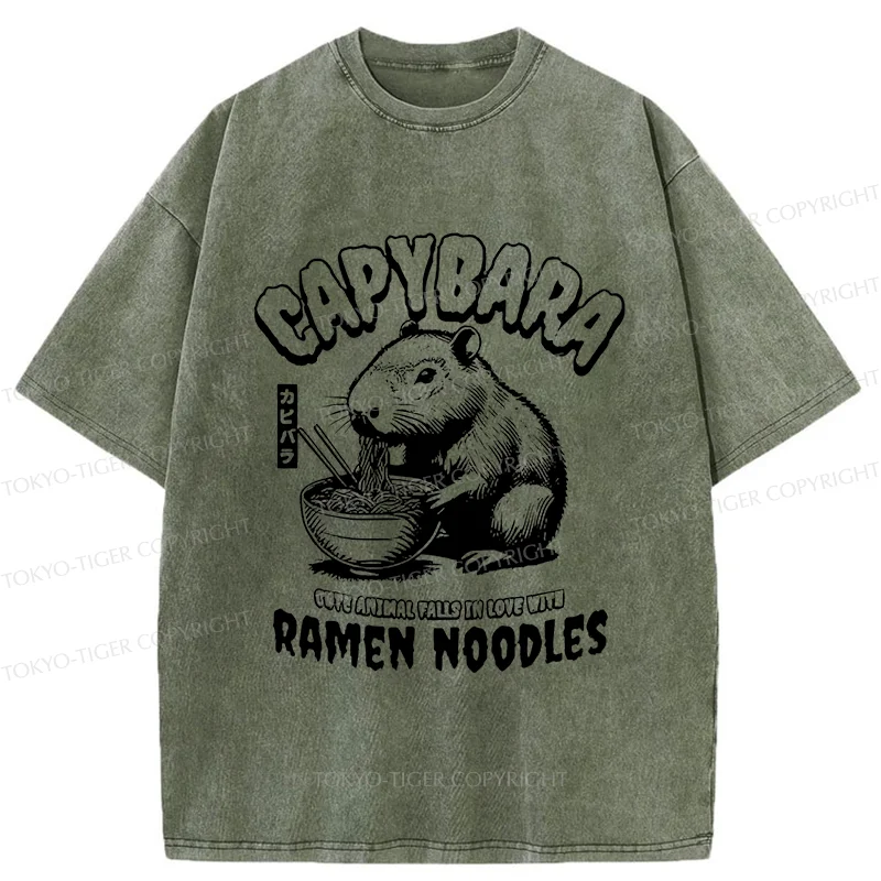 Tokyo-Tiger Retro Capybara Eating Ramen Washed T-Shirt