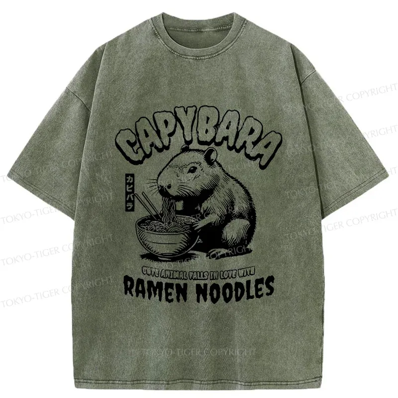 Tokyo-Tiger Retro Capybara Eating Ramen Washed T-Shirt