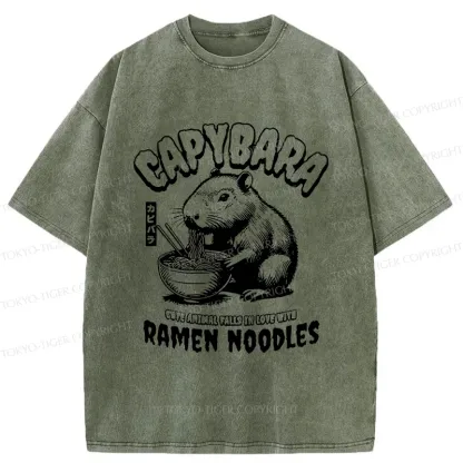 Tokyo-Tiger Retro Capybara Eating Ramen Washed T-Shirt