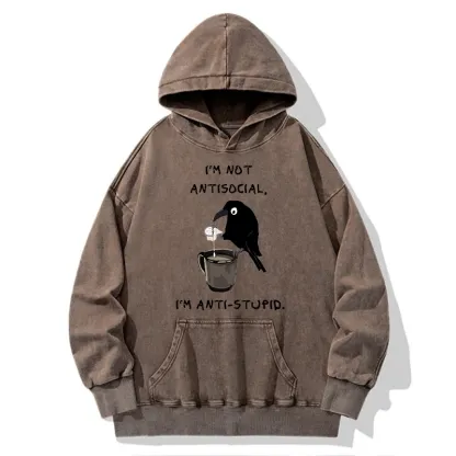 Tokyo-Tiger Cool Crow Sips Calm Coffee Alone Washed Hoodie