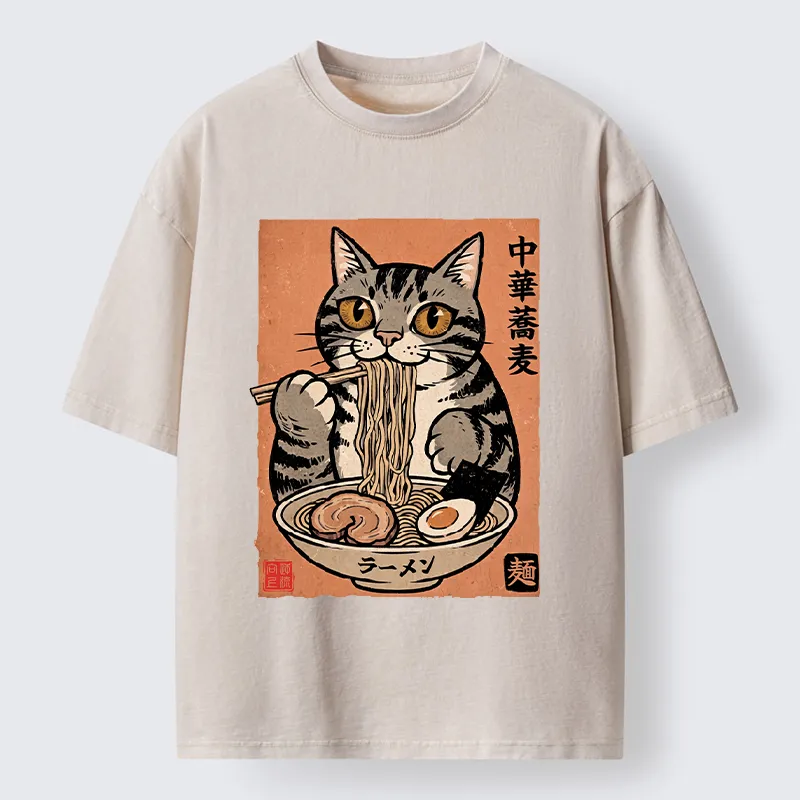 Tokyo‑Tiger Tanuki Eating Ramen Washed T-Shirt