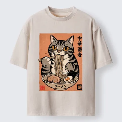 Tokyo‑Tiger Tanuki Eating Ramen Washed T-Shirt