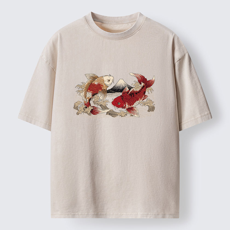 Tokyo‑Tiger Koi And Mount Fuji Washed T-Shirt