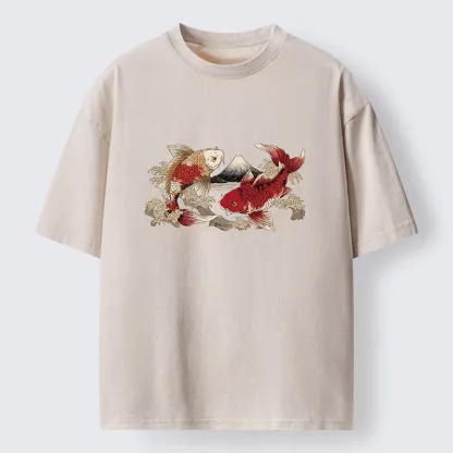 Tokyo‑Tiger Koi And Mount Fuji Washed T-Shirt