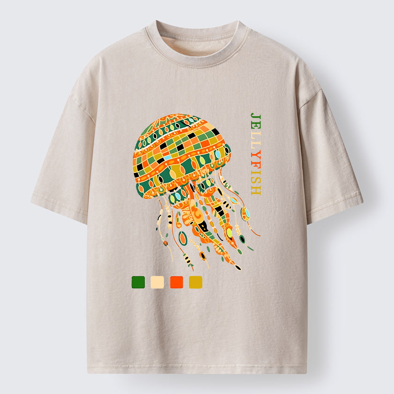 Tokyo‑Tiger Jellyfish Painting Art Washed T-Shirt