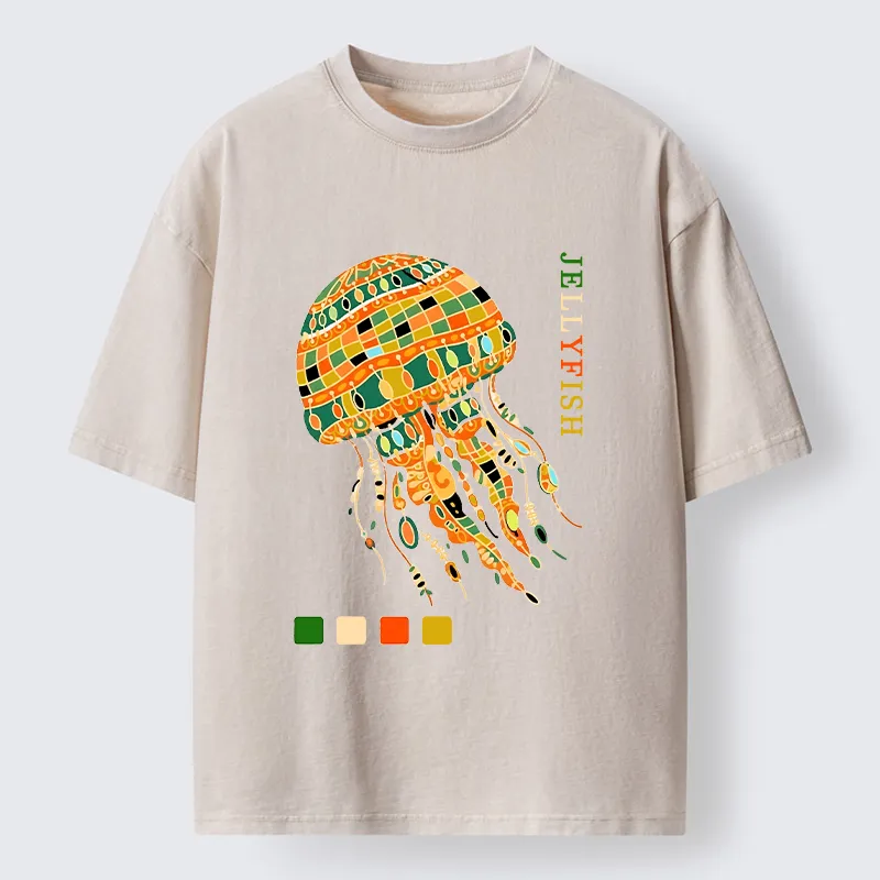 Tokyo‑Tiger Jellyfish Painting Art Washed T-Shirt