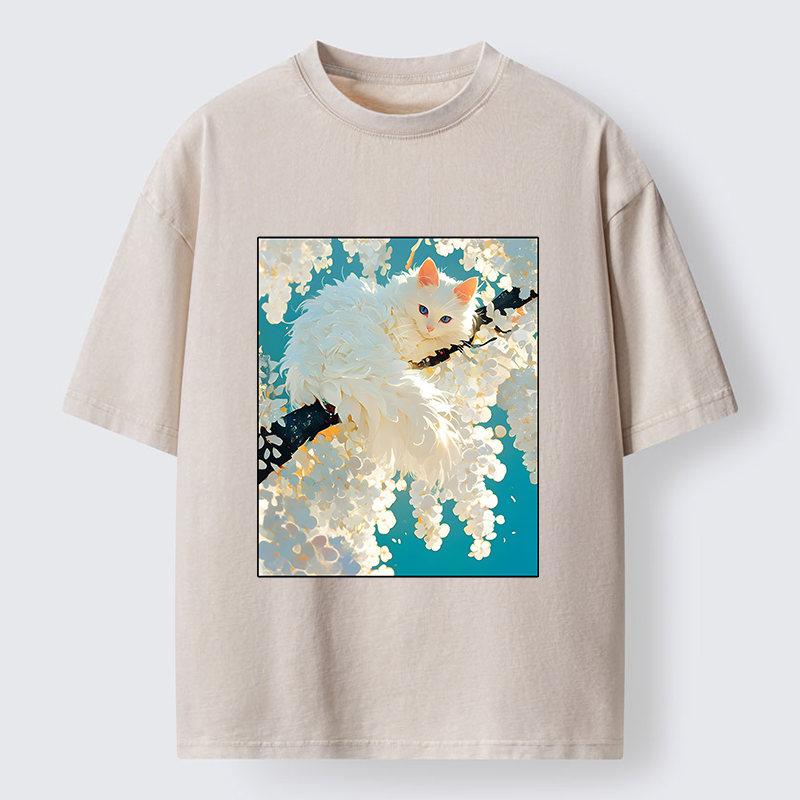 Tokyo‑Tiger Beautiful White Cat Art Washed T-Shirt