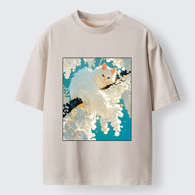 Tokyo‑Tiger Beautiful White Cat Art Washed T-Shirt
