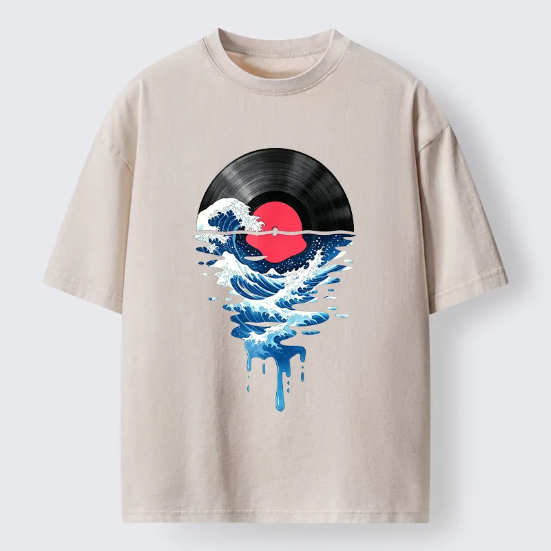 Tokyo‑Tiger Vinyl Records And Waves Washed T-Shirt