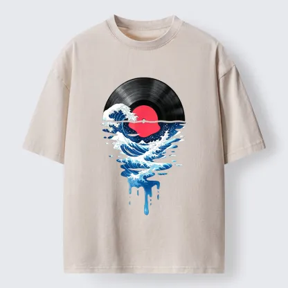 Tokyo‑Tiger Vinyl Records And Waves Washed T-Shirt
