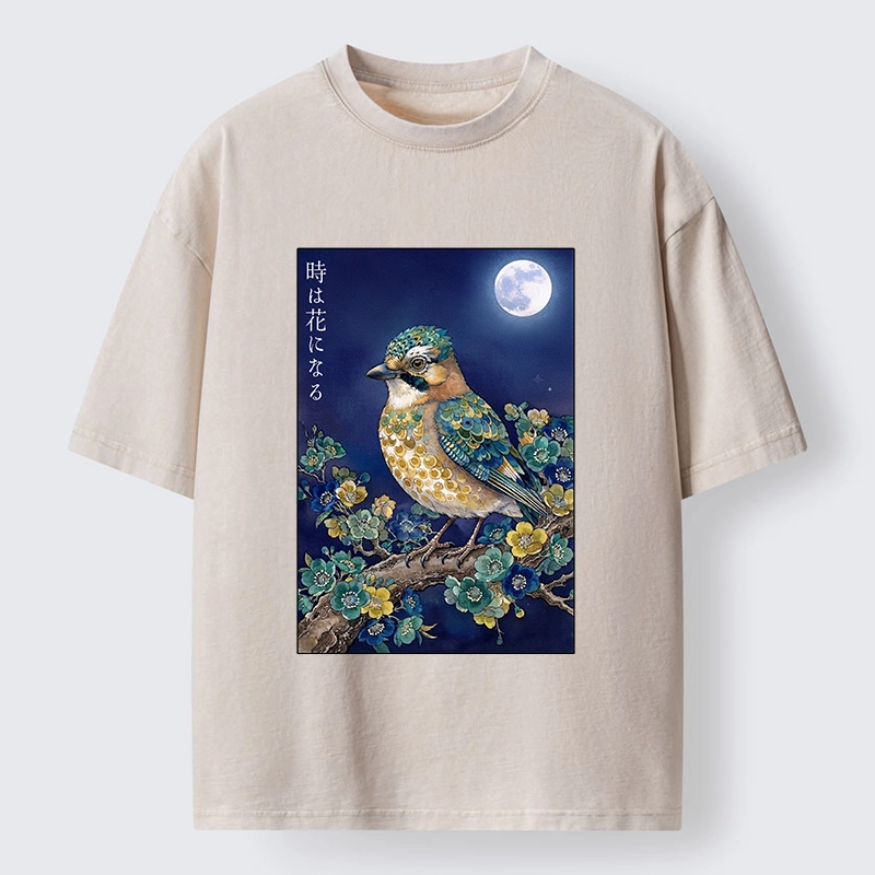 Tokyo-Tiger Moon Bird Floral Retro Art Washed T-Shirt