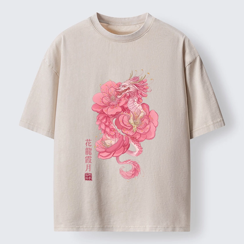 Tokyo-Tiger Pink Flower Dragon Washed T-Shirt