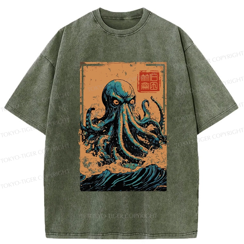 Tokyo-Tiger The Great Wave Off Octopus Washed T-Shirt