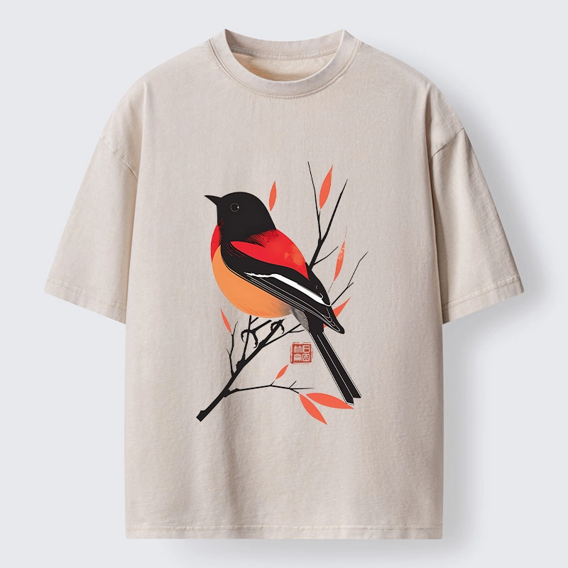 Tokyo‑Tiger Oriental Bird Graphic Washed T‑Shirt