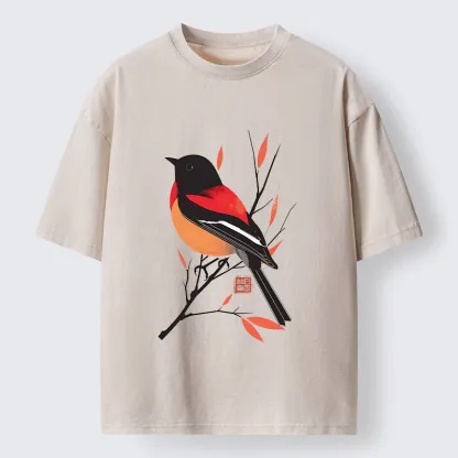 Tokyo‑Tiger Oriental Bird Graphic Washed T‑Shirt