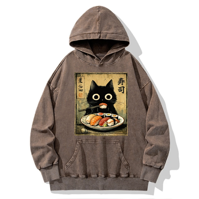 Tokyo-Tiger Vintage Japanese Sushi Cat Washed Hoodie