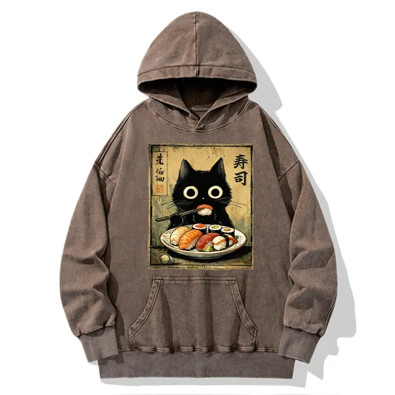 Tokyo-Tiger Vintage Japanese Sushi Cat Washed Hoodie