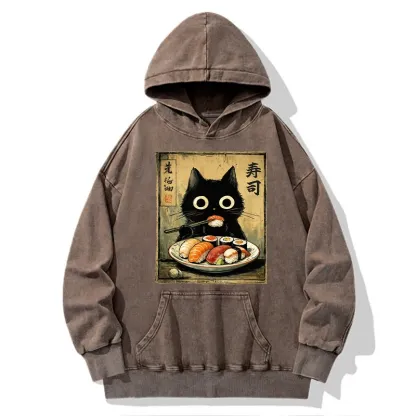 Tokyo-Tiger Vintage Japanese Sushi Cat Washed Hoodie