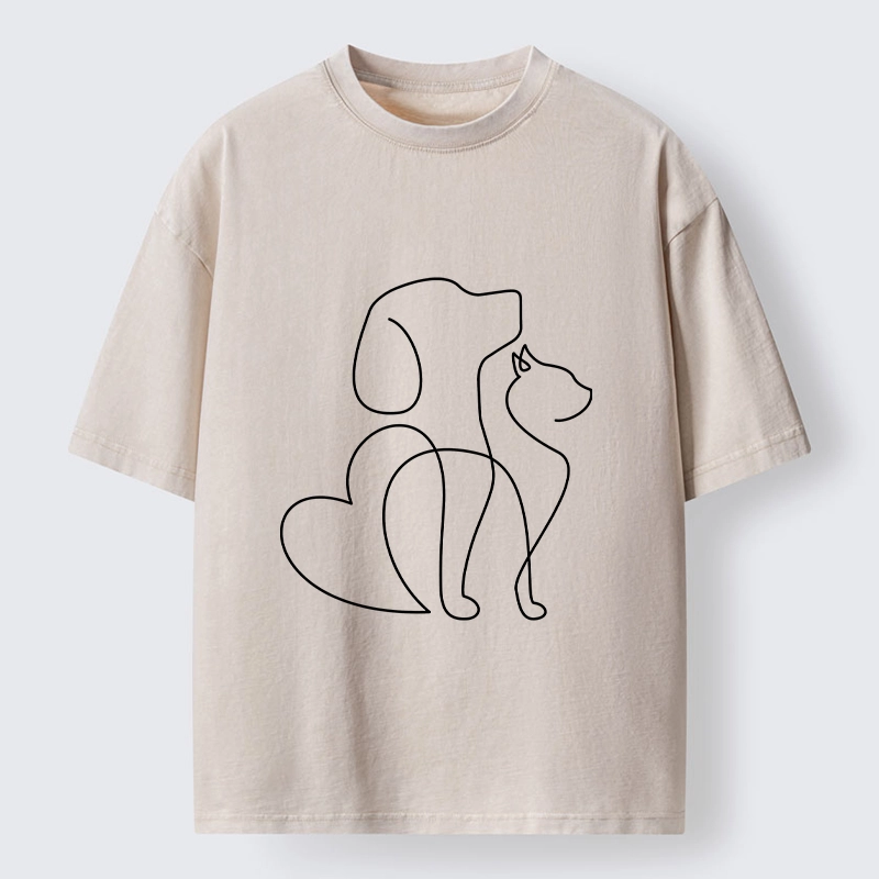 Tokyo-Tiger Cat Dog Love Line Art Washed T-Shirt