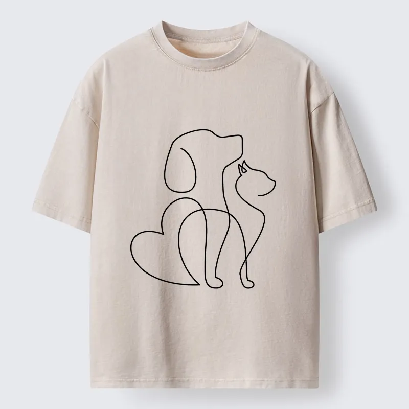 Tokyo-Tiger Cat Dog Love Line Art Washed T-Shirt