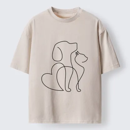 Tokyo-Tiger Cat Dog Love Line Art Washed T-Shirt