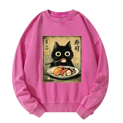 Tokyo-Tiger Vintage Japanese Sushi Cat Washed Sweatshirt