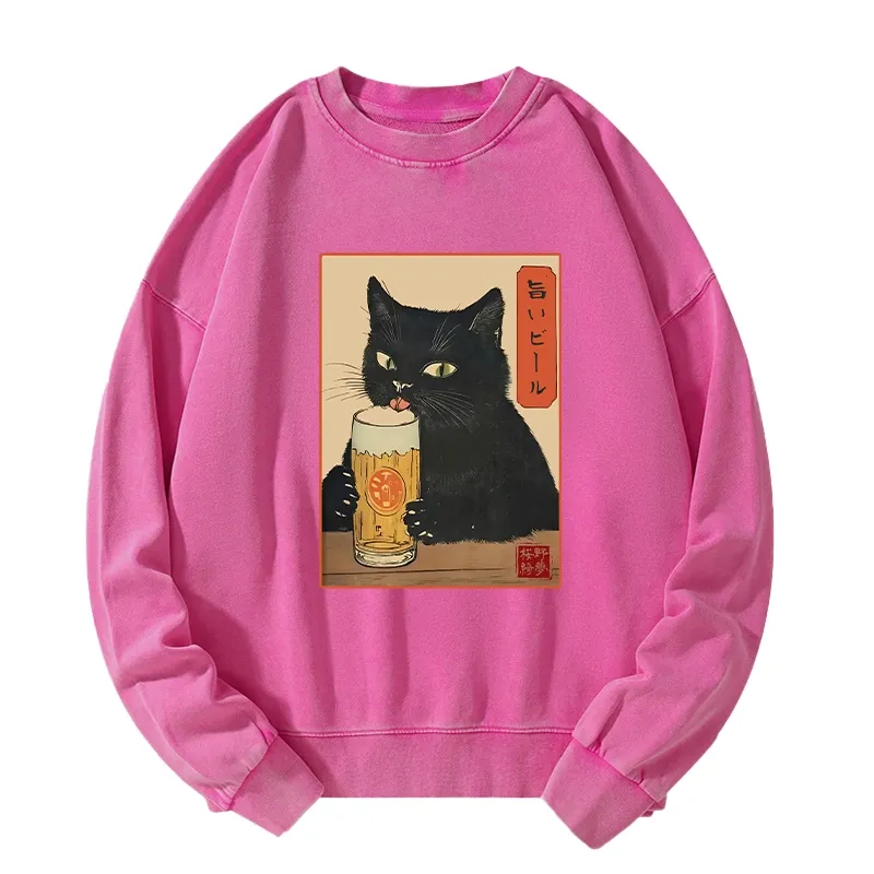 Tokyo-Tiger Cat Holding A Glass Of Beer Washed Sweatshirt