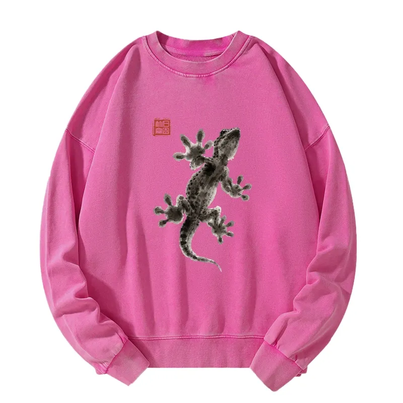 Tokyo-Tiger Minimal Asian Ink Brush Gecko Vibe Washed Sweatshirt