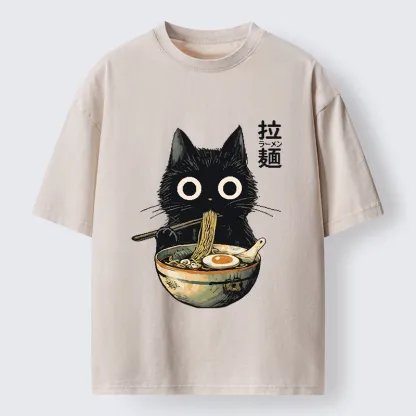 Tokyo-Tiger Funny Cat Ramen Feast Washed T-Shirt